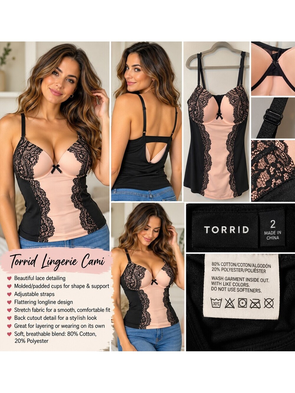 Torrid black and blush pink lace lingerie cami size 2= 2xl
